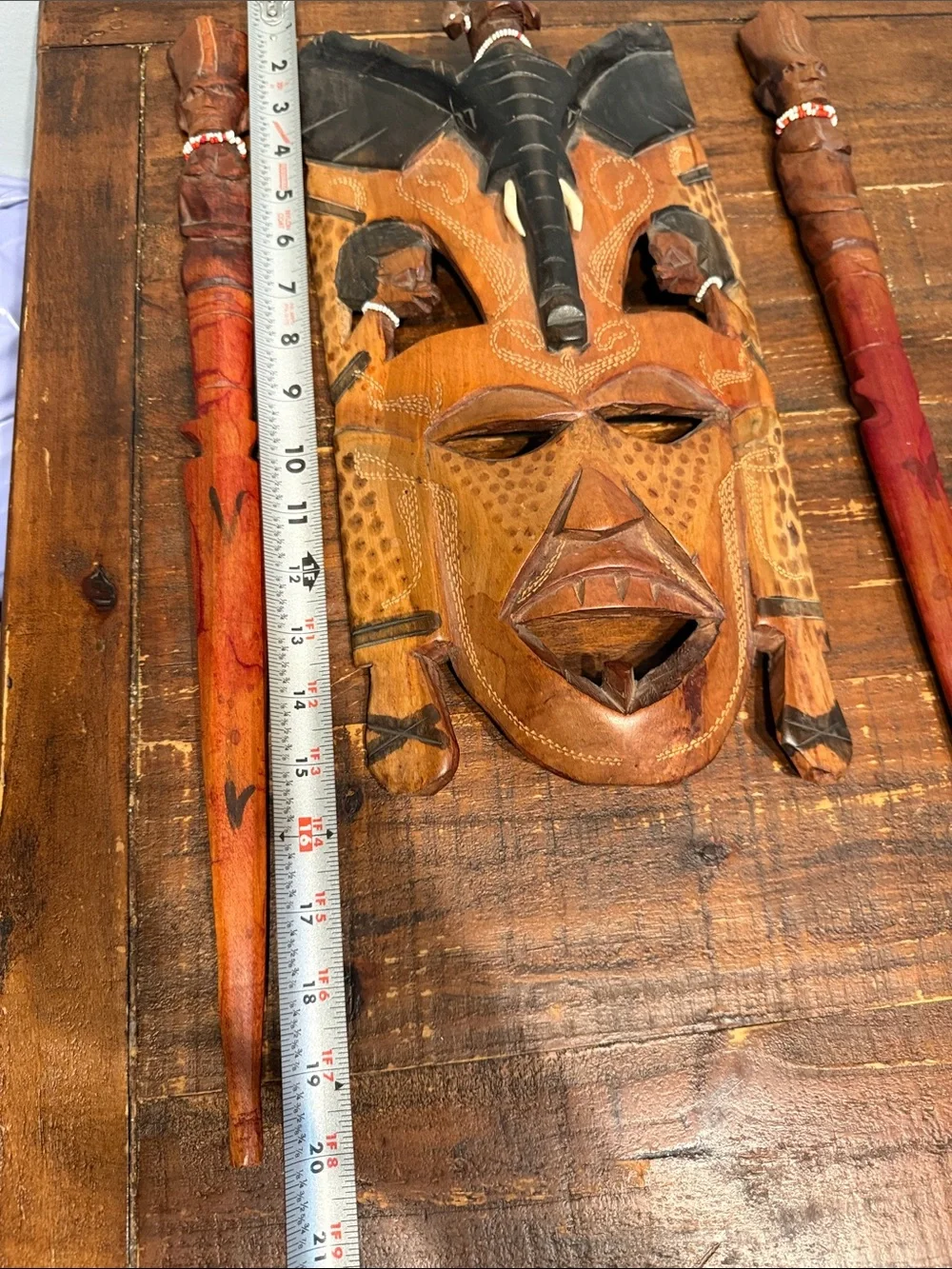 Hand-Carved Wooden Tribal Mask Wall Decor in Brown and Black